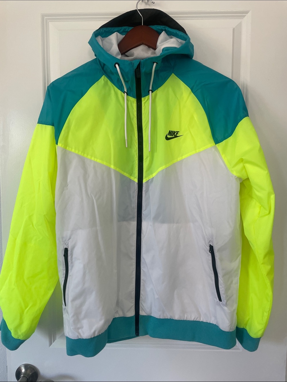 Nike White, Neon Yellow & Teal Colorblock Hooded Jacket